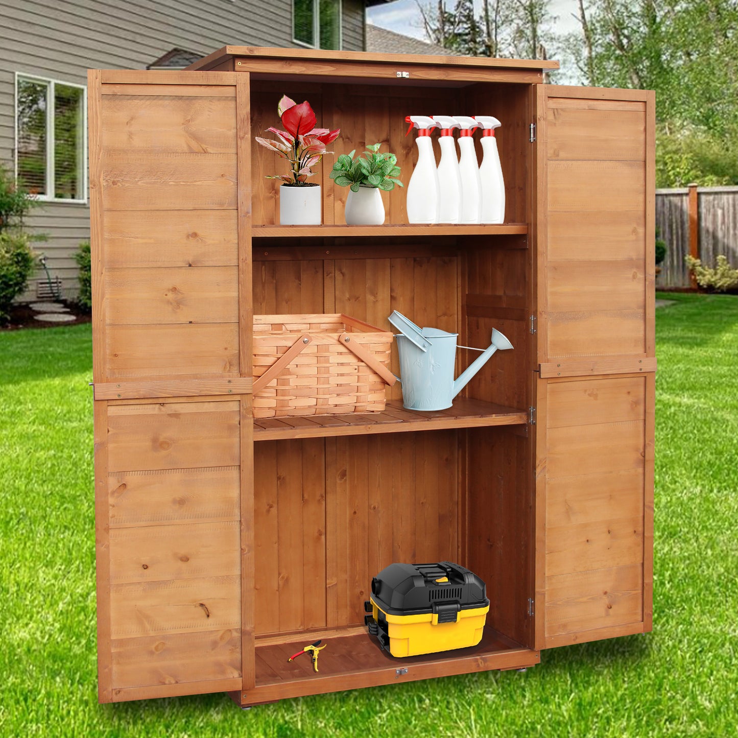 60 Inches Outdoor Storage Cabinet, Vertical Lockable Storage Cabinet, Outdoor Wood Shed with Floor and 2 Adjustable Shelves Included for Patio, Backyard and Garden, Brown