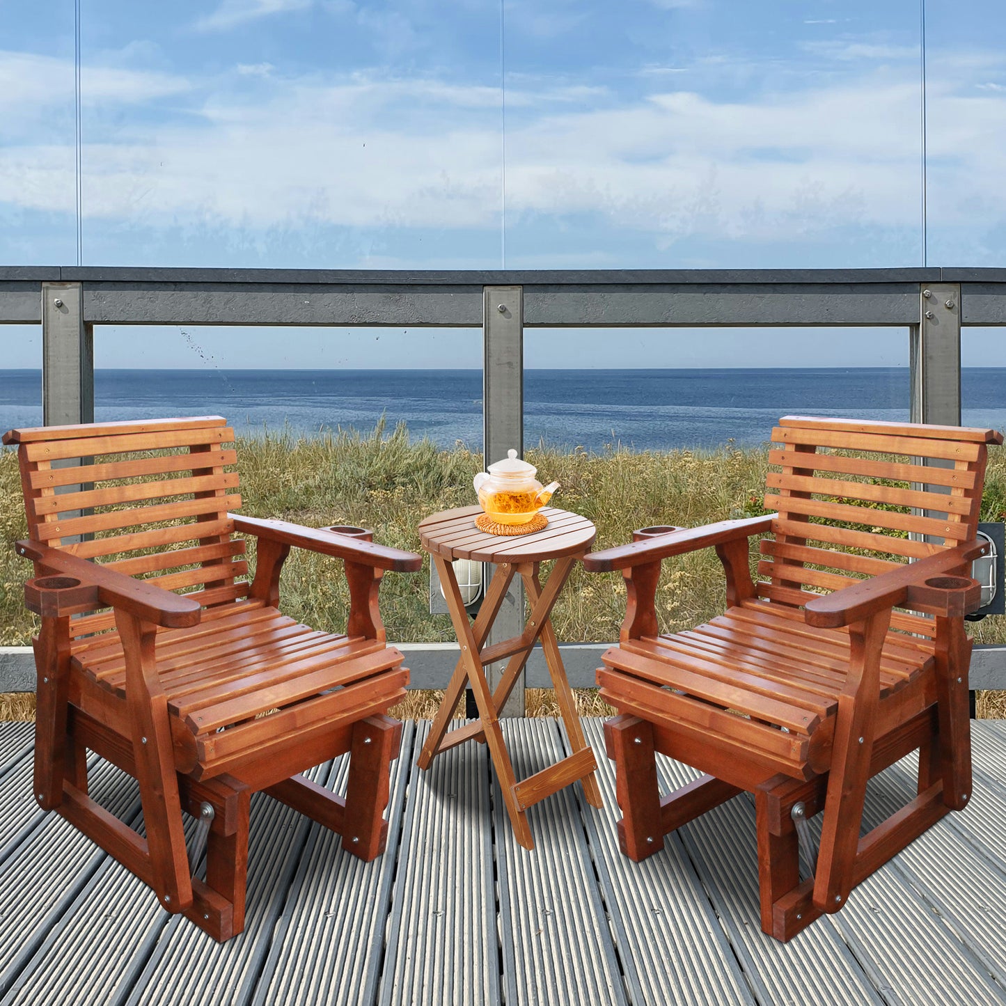 Outdoor Gliders-3 Piece Patio Furniture Set with Round Side Table, Cedar Brown