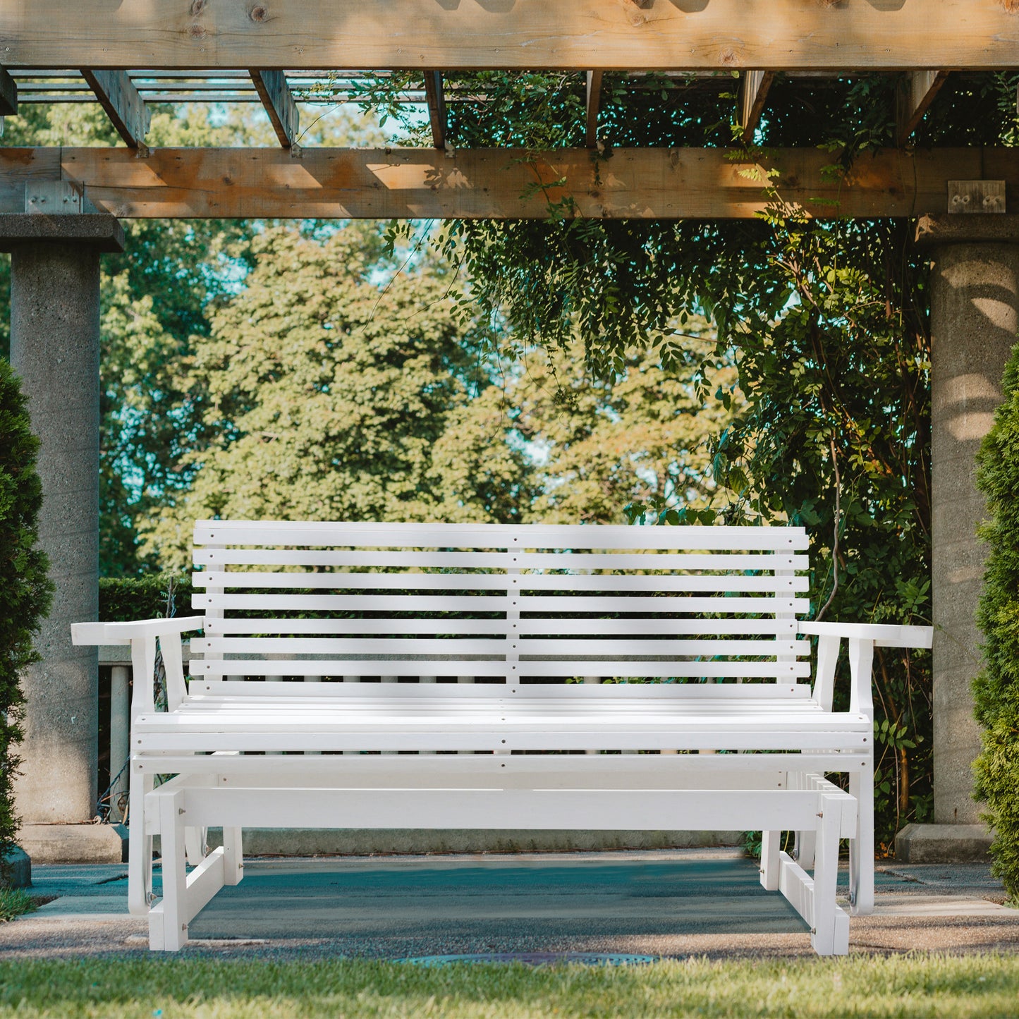 5FT Outdoor Glider Bench, 2-Seater Wooden Chair for Patio, Balcony, Porch, White