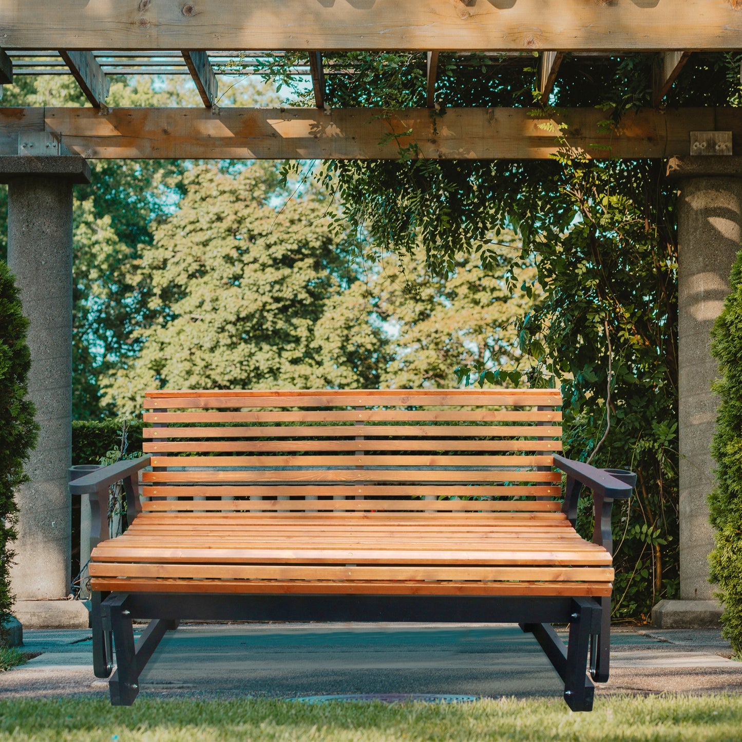 5FT Outdoor Glider Bench, 2-Seater Wooden Chair for Patio, Balcony, Porch, Brown and Dark Brown