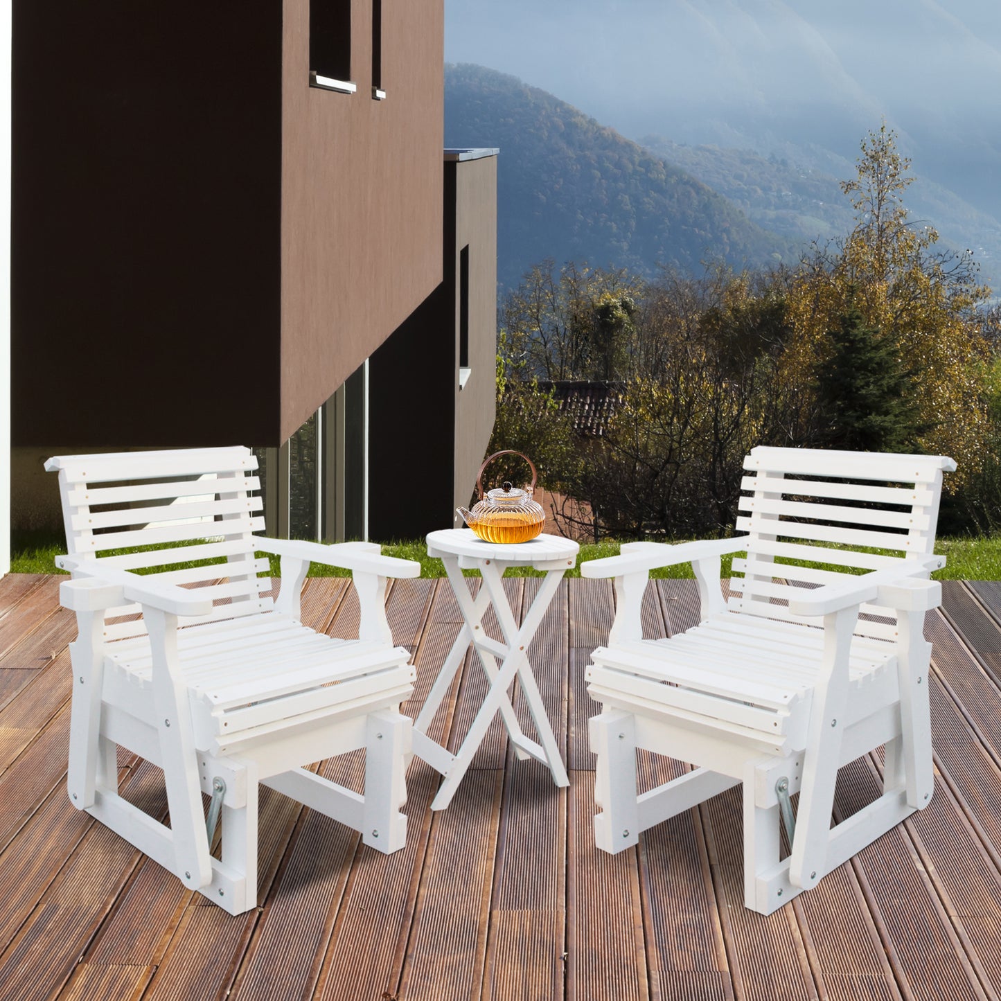 Outdoor Gliders-3 Piece Patio Furniture Set with Round Side Table, White