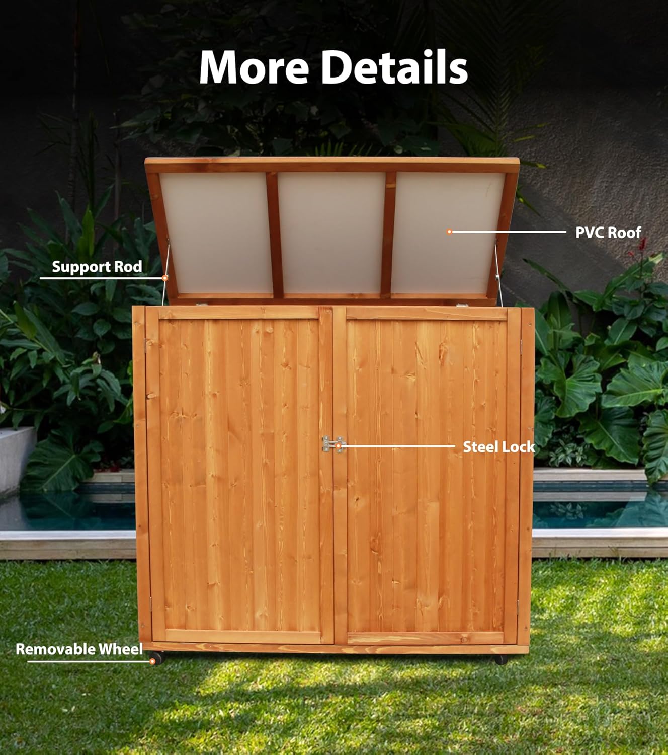 4x2 FT Wooden Outdoor Trash Can with Lid, Horizontal Storage Shed