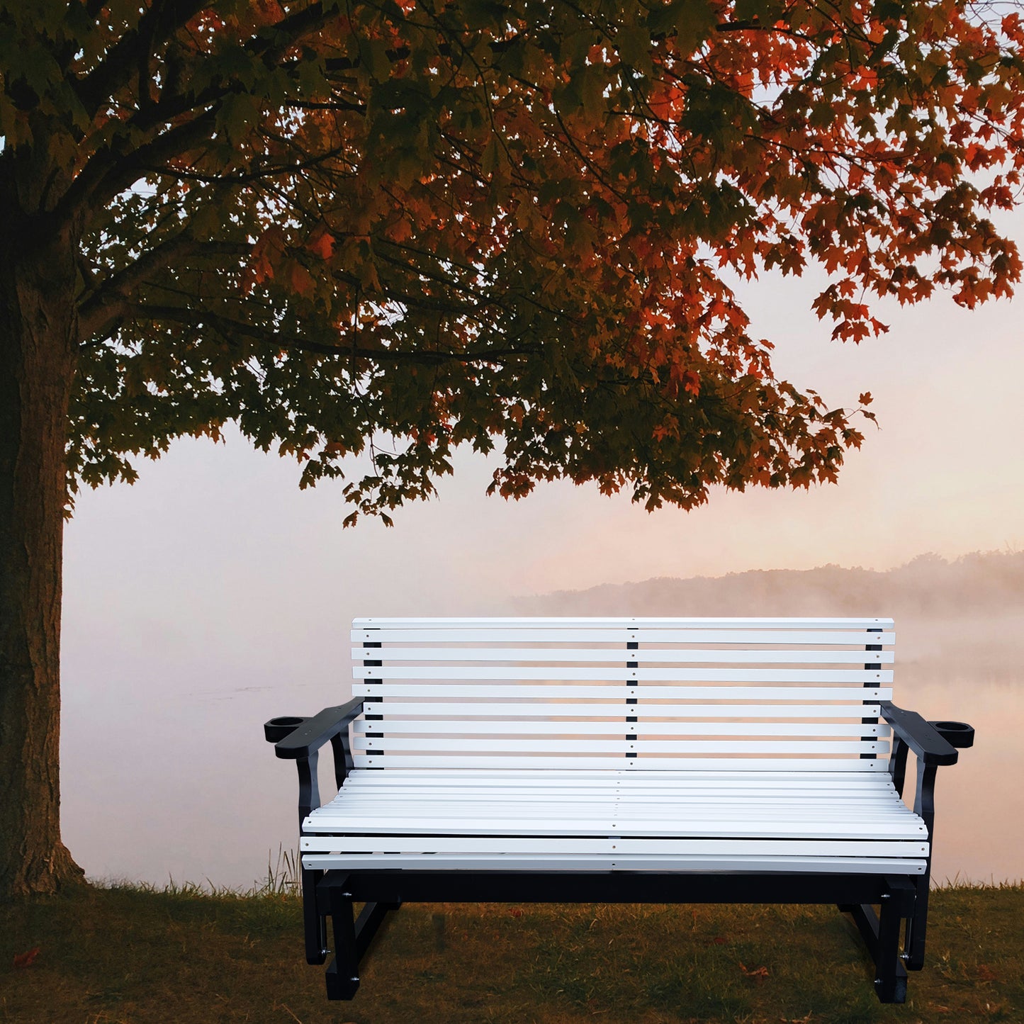 5FT Outdoor Glider Bench, 2-Seater Wooden Chair for Patio, Balcony, Porch, White and Dark Grey