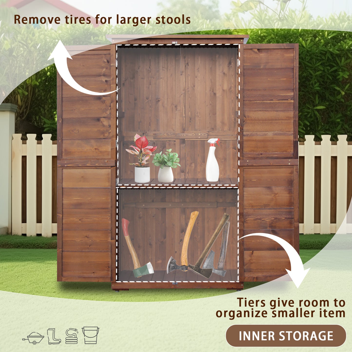 60 Inches Outdoor Storage Cabinet, Vertical Lockable Storage Cabinet, Outdoor Wood Shed with Floor, Doors and Adjustable Shelves Included for Patio, Backyard and Garden, Carbonized Brown