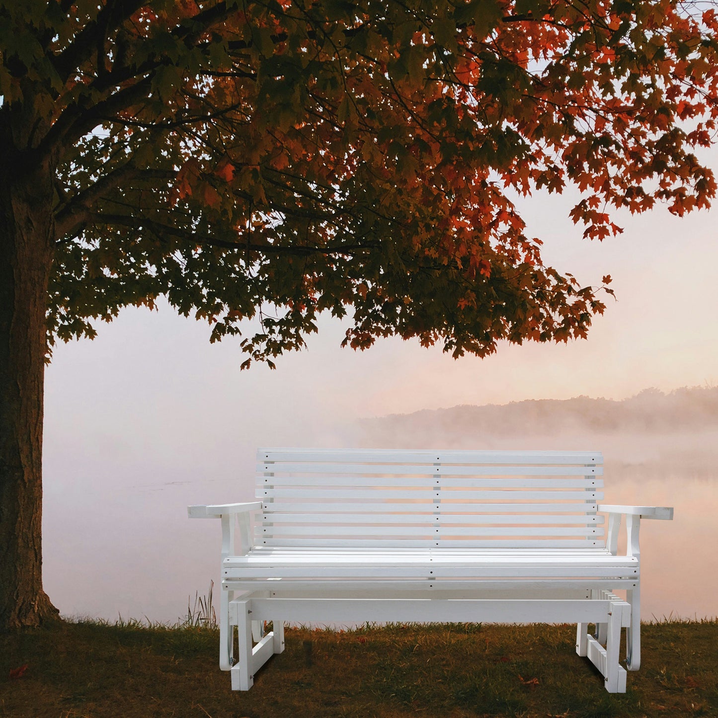 5FT Outdoor Glider Bench, 2-Seater Wooden Chair for Patio, Balcony, Porch, White
