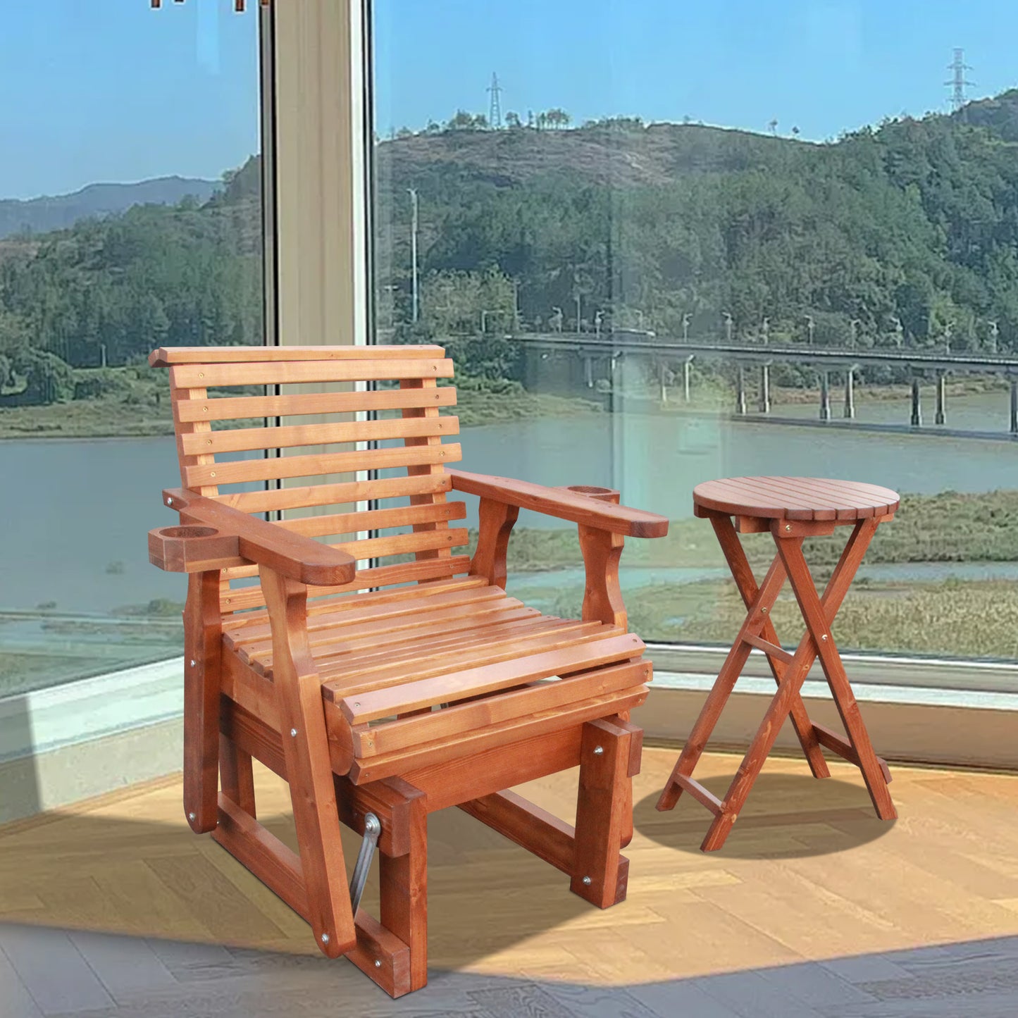 Outdoor Gliders-2 Piece Patio Furniture Set with Round Side Table, Cedar Brown