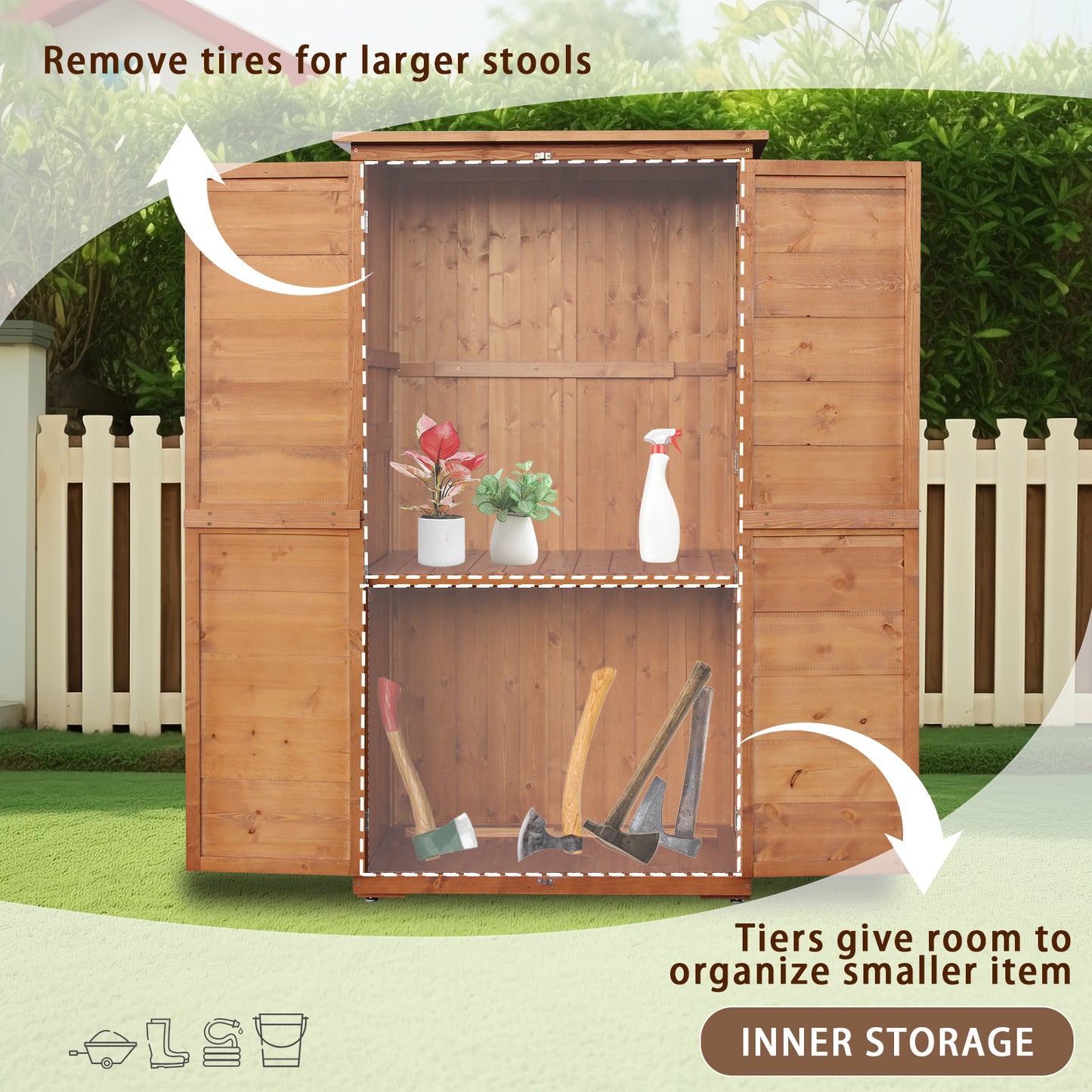 60 Inches Outdoor Storage Cabinet, Vertical Lockable Storage Cabinet, Outdoor Wood Shed with Floor and 2 Adjustable Shelves Included for Patio, Backyard and Garden, Brown