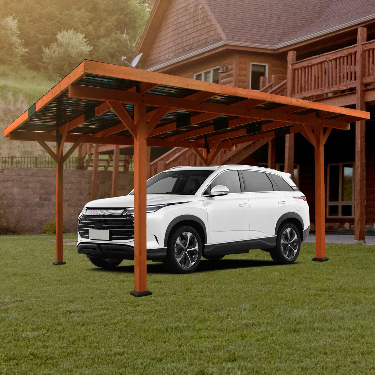 18.3 x 12.6 x 7.8 FT Heavy Duty Wooden Carport Pavilion Gazebo with Hard Top Steel Roof