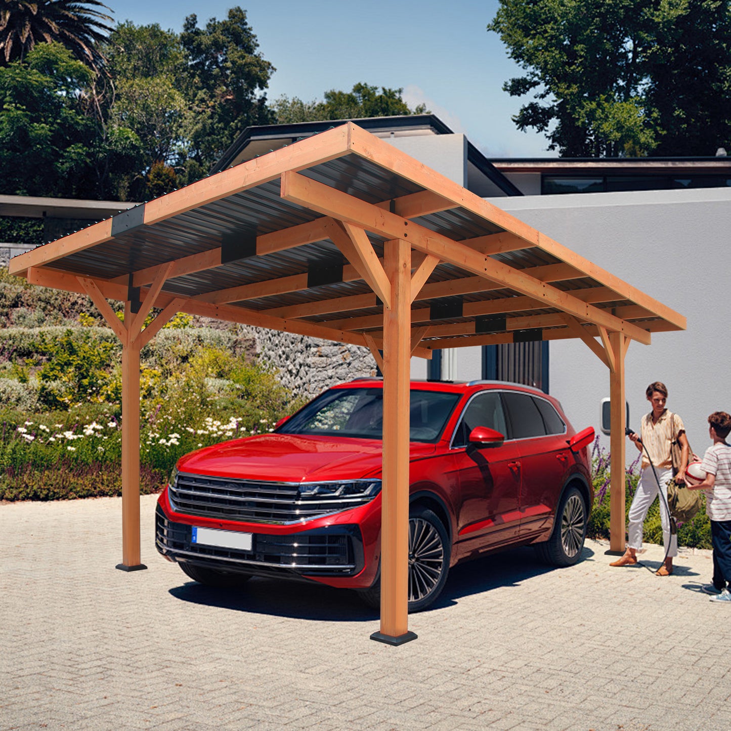 18.3 x 12.6 x 7.8 FT Heavy Duty Wooden Carport Pavilion Gazebo with Hard Top Steel Roof