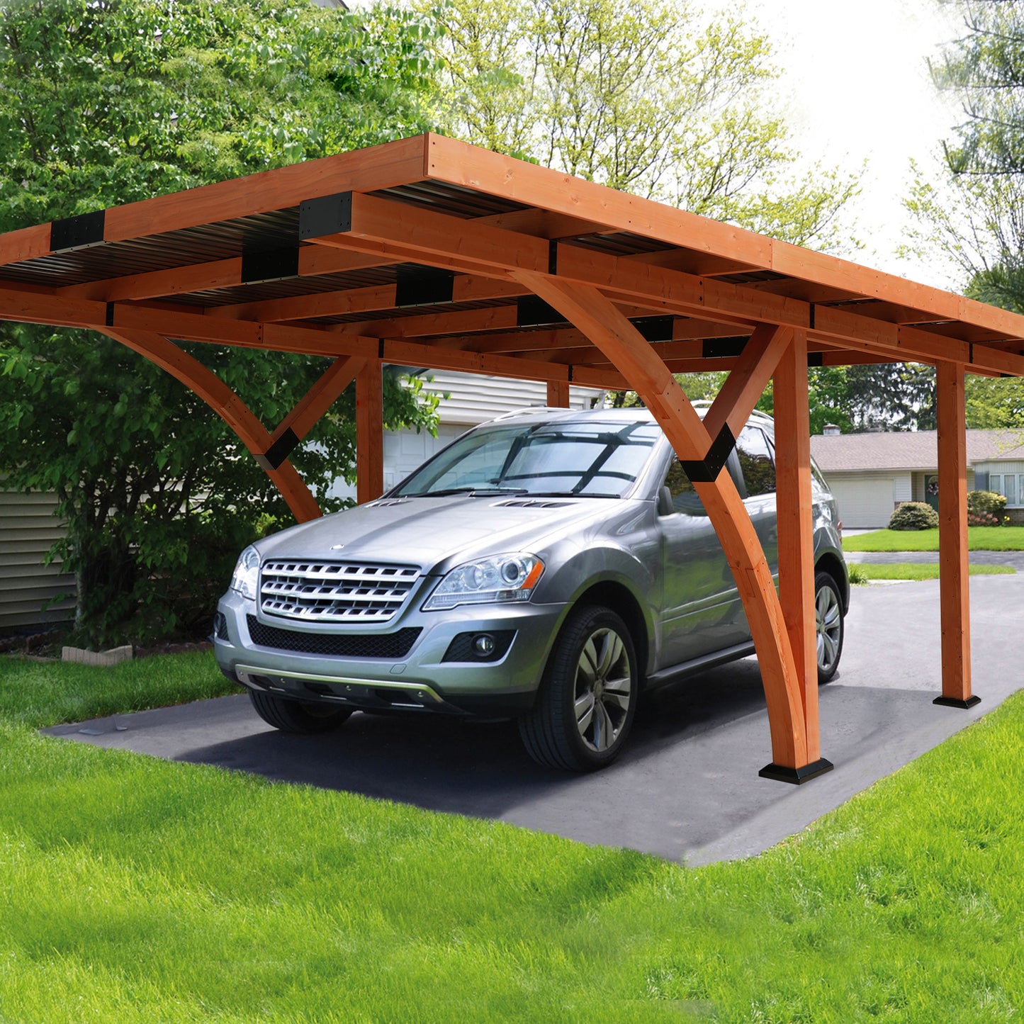 18.3 x 12.6 x 7 FT Heavy Duty Wooden Curved Carport Pavilion Gazebo with Hard Top Steel Roof