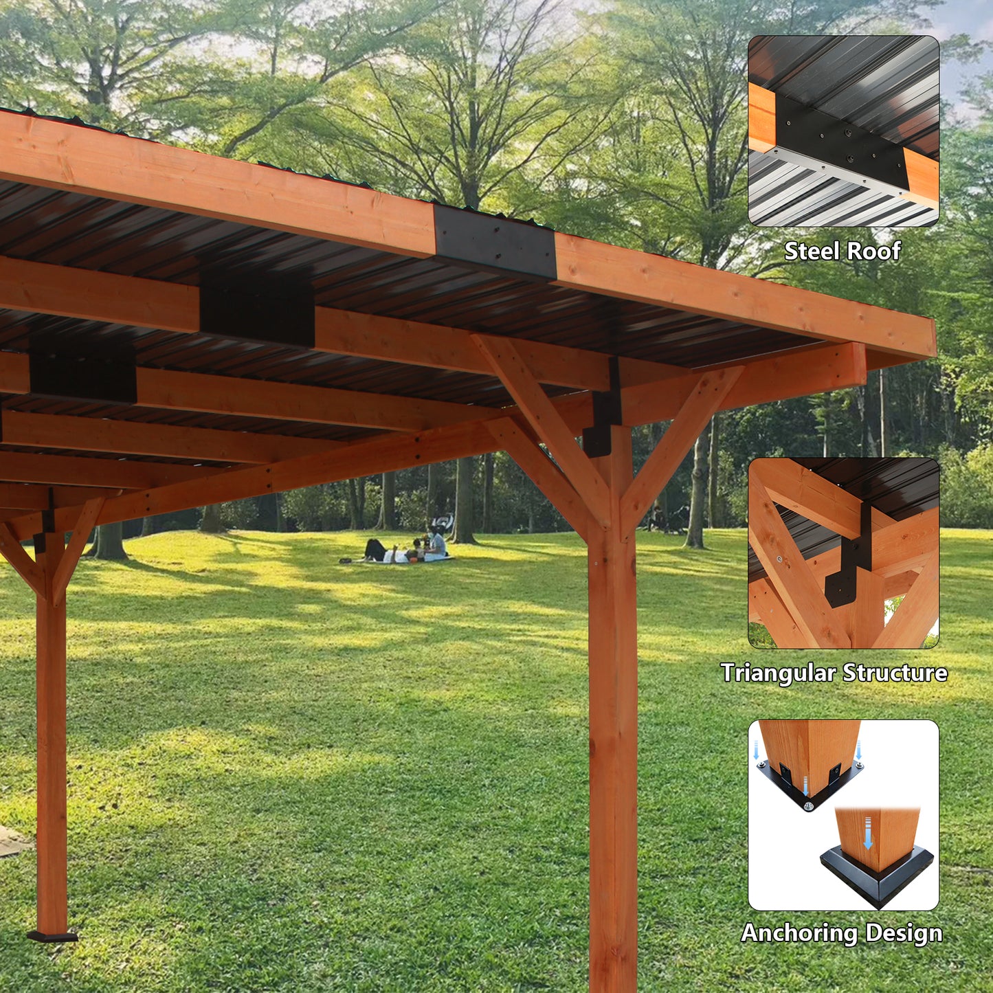 18.3 x 12.6 x 7.8 FT Heavy Duty Wooden Carport Pavilion Gazebo with Hard Top Steel Roof