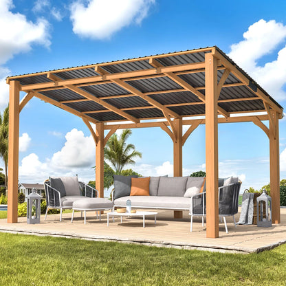 Beneouya 14' X 10' Outdoor Wood Lean To Hardtop Pergolas And Gazebos