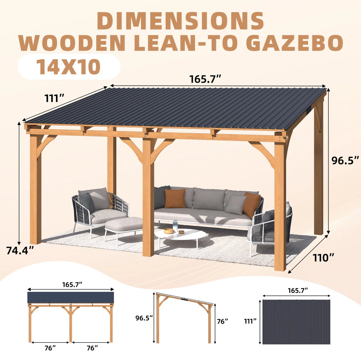 Beneouya 14' X 10' Outdoor Wood Lean To Hardtop Pergolas And Gazebos