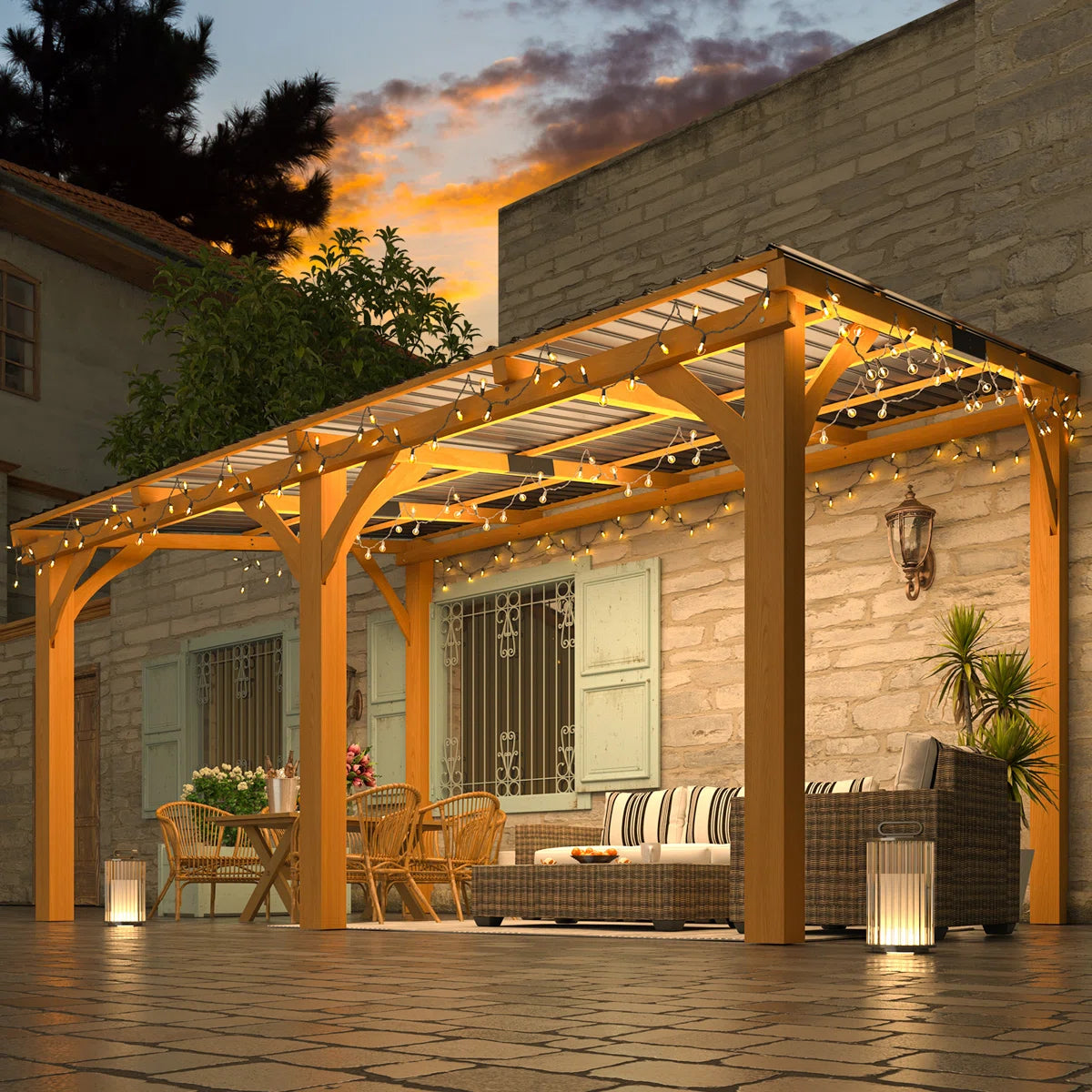 Beneouya 14' X 10' Outdoor Wood Lean To Hardtop Pergolas And Gazebos
