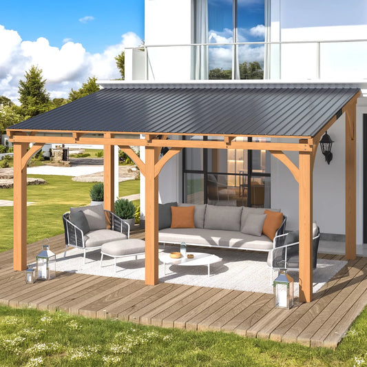 Beneouya 14' X 10' Outdoor Wood Lean To Hardtop Pergolas And Gazebos