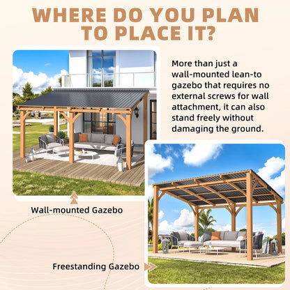 Beneouya 14' X 10' Outdoor Wood Lean To Hardtop Pergolas And Gazebos