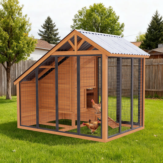 Chicken Coop for Outdoors with Heavy-Duty Steel Roof, Large Wooden Chicken House with Predator-Proof Run for 6-12 Chicken, Outdoor Poultry Enclosure for Hens, Ducks
