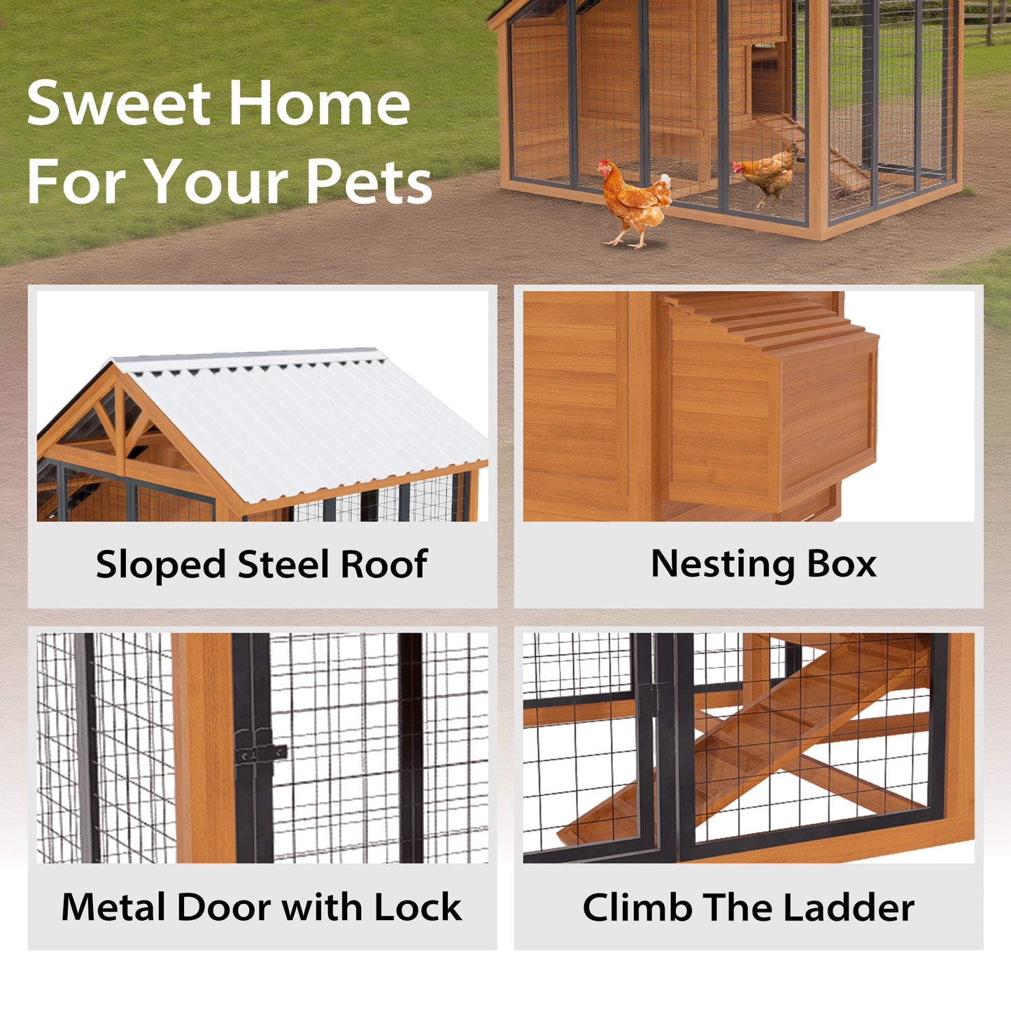 Chicken Coop for Outdoors with Heavy-Duty Steel Roof, Large Wooden Chicken House with Predator-Proof Run for 6-12 Chicken, Outdoor Poultry Enclosure for Hens, Ducks
