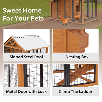 Chicken Coop for Outdoors with Heavy-Duty Steel Roof, Large Wooden Chicken House with Predator-Proof Run for 6-12 Chicken, Outdoor Poultry Enclosure for Hens, Ducks