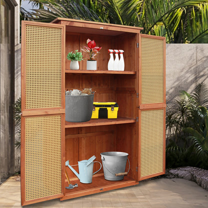 60 Inches Outdoor Storage Shed Wood Shed with Rattan Indoor Storage Cabinet with Floor, Adjustable Shelves for Patio, Garden,Lawn and Living Room, Brown
