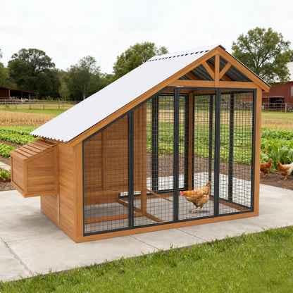 Chicken Coop for Outdoors with Heavy-Duty Steel Roof, Large Wooden Chicken House with Predator-Proof Run for 6-12 Chicken, Outdoor Poultry Enclosure for Hens, Ducks