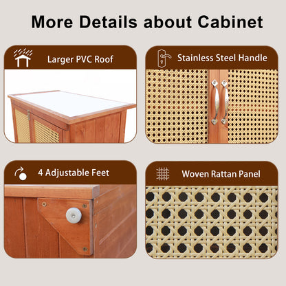 60 Inches Outdoor Storage Shed Wood Shed with Rattan Indoor Storage Cabinet with Floor, Adjustable Shelves for Patio, Garden,Lawn and Living Room, Brown