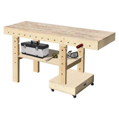 59" Foldable Workbench on 4 Wheels, Heavy Duty Work Table with Removable Shelf, Drawer, Wood Tool Bench for Garage, Workshop, Home
