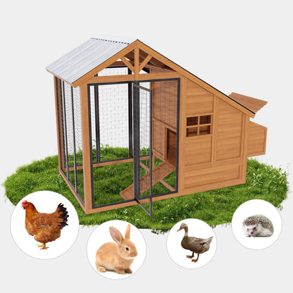 Chicken Coop for Outdoors with Heavy-Duty Steel Roof, Large Wooden Chicken House with Predator-Proof Run for 6-12 Chicken, Outdoor Poultry Enclosure for Hens, Ducks
