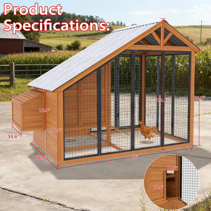 Chicken Coop for Outdoors with Heavy-Duty Steel Roof, Large Wooden Chicken House with Predator-Proof Run for 6-12 Chicken, Outdoor Poultry Enclosure for Hens, Ducks