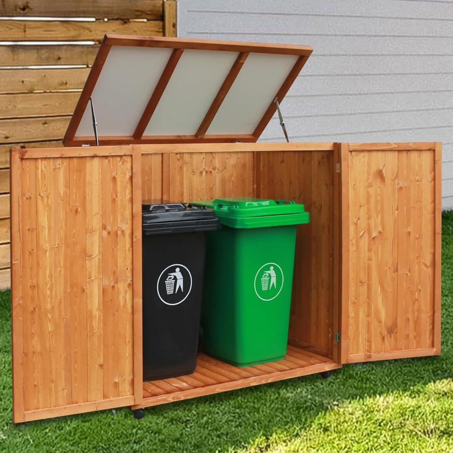 4x2 FT Wooden Outdoor Trash Can with Lid, Horizontal Storage Shed