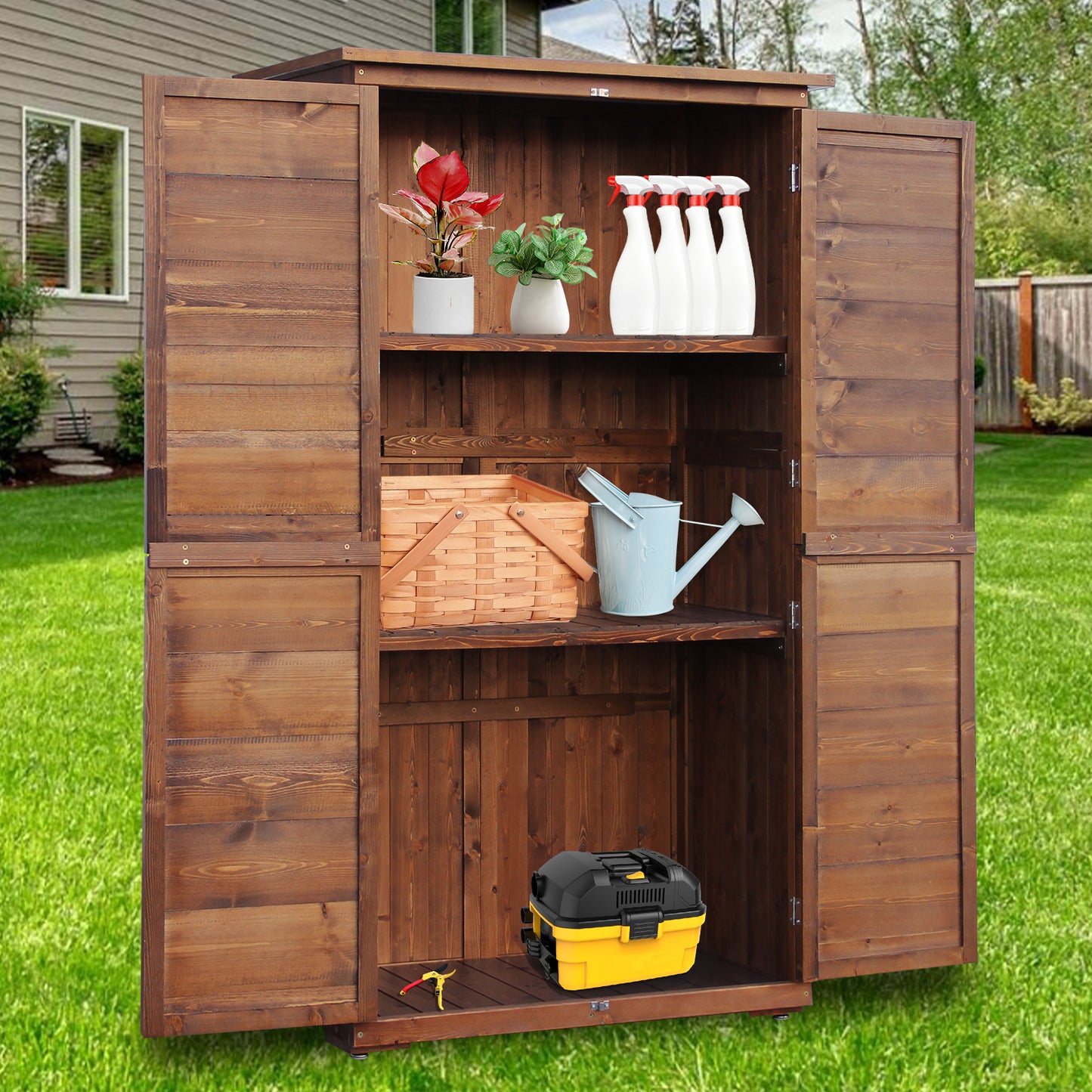 60 Inches Outdoor Storage Cabinet, Vertical Lockable Storage Cabinet, Outdoor Wood Shed with Floor, Doors and Adjustable Shelves Included for Patio, Backyard and Garden, Carbonized Brown