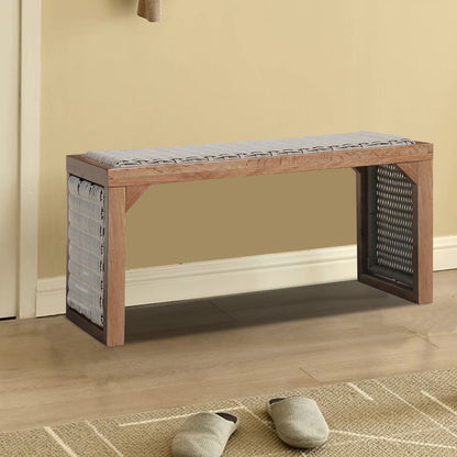 35 inch Wood Entryway Bench, Mid Century Modern Decor Woven Indoor Shoe Bench, Wooden Stool for Entryway, Living Room, Dining Room, Bedroom and Porch, Cedar Stain