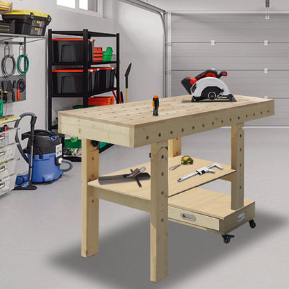 59" Foldable Workbench on 4 Wheels, Heavy Duty Work Table with Removable Shelf, Drawer, Wood Tool Bench for Garage, Workshop, Home