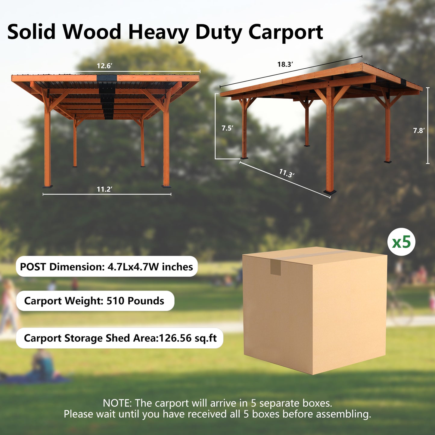 18.3 x 12.6 x 7.8 FT Heavy Duty Wooden Carport Pavilion Gazebo with Hard Top Steel Roof